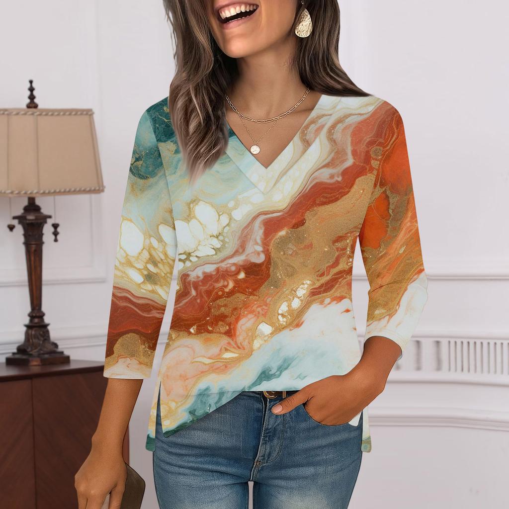 3/4 Sleeve Shirts For Women  Print Graphic Tees Blouses Casual Plus Size Basic Tops Pullover