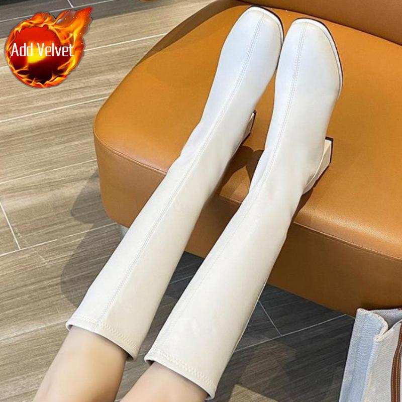 Middle Heel Knee High Shaft Shoes Woman Square Toe Leather Long Boots for Women Autumn Winter Goth New in 2025 Pu Footwear Sale
