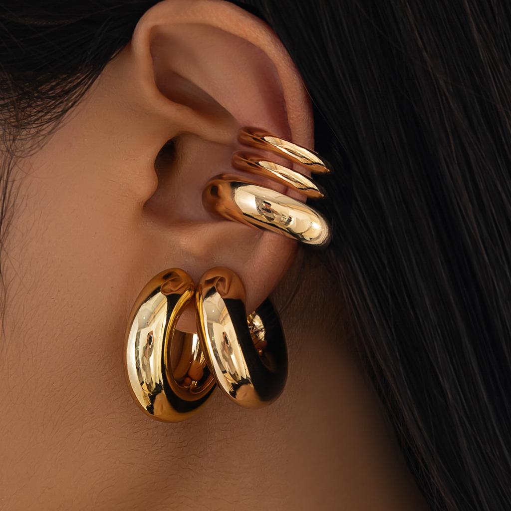 ins wind round tube hollow ear clip stud earring set women's C-shaped glossy metal wind ear buckle ear jewelry