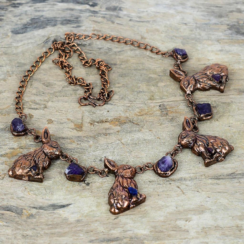 African amethyst rough gemstone necklace electroformed copper adjustable chain necklace rabbit necklace handmade copper jewelry gift for her