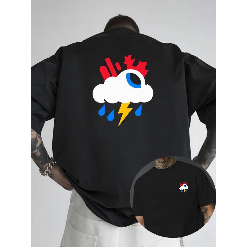 Men Black Short-Sleeve T-Shirt with Thunderstorm Cloud, Lightning Bolt, Raindrop & Print Design - Relaxed Fit Round Neck Casual Summer Tee Suitable S чёрный