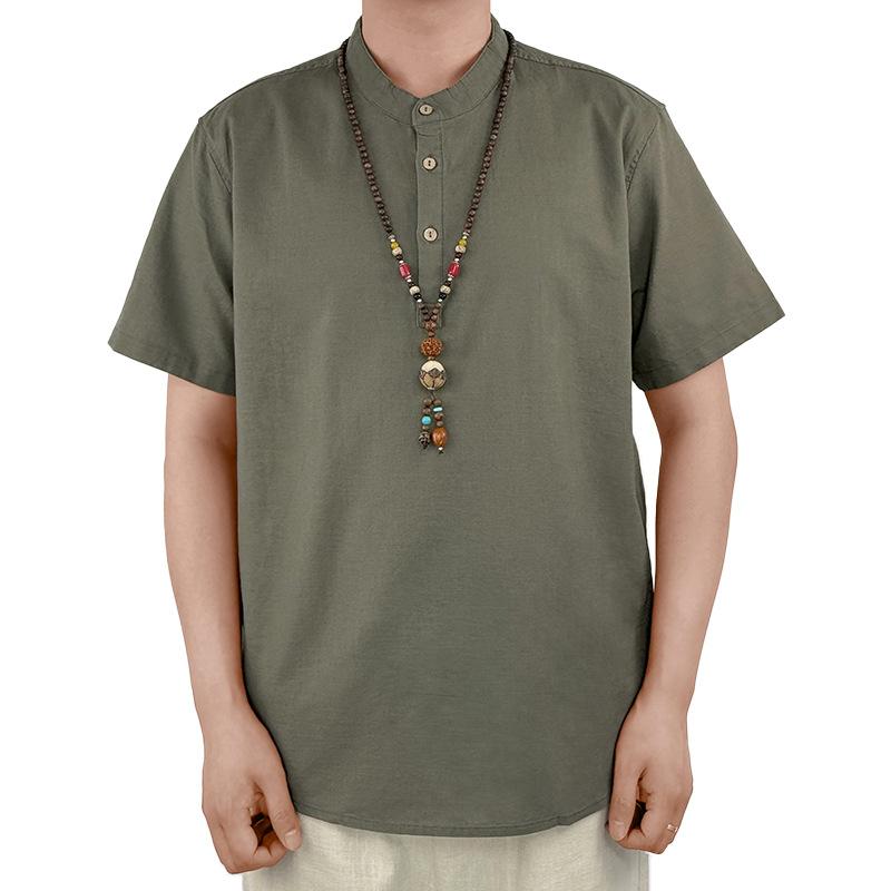 Penguin Dancing High End Linen Men's Short Sleeved Chinese Standing Neck Top Summer Cotton Linen T-shirt Men's Polo Shirt