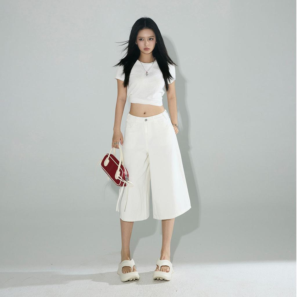 Fashion Summer Four Color Vintage High Waist Loose Wide Leg Straight Slimming Cropped Capri Denim Pants For Women Trendy Versatile AllMatch Design