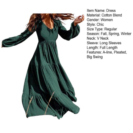 Dames Lente Herfst Jurk Ronde Hals A-lijn V-hals Geplooide Lange Mouwen Effen Kleur Grote Swing Uitgaan Shoppen Vakantie Maxi Jurk