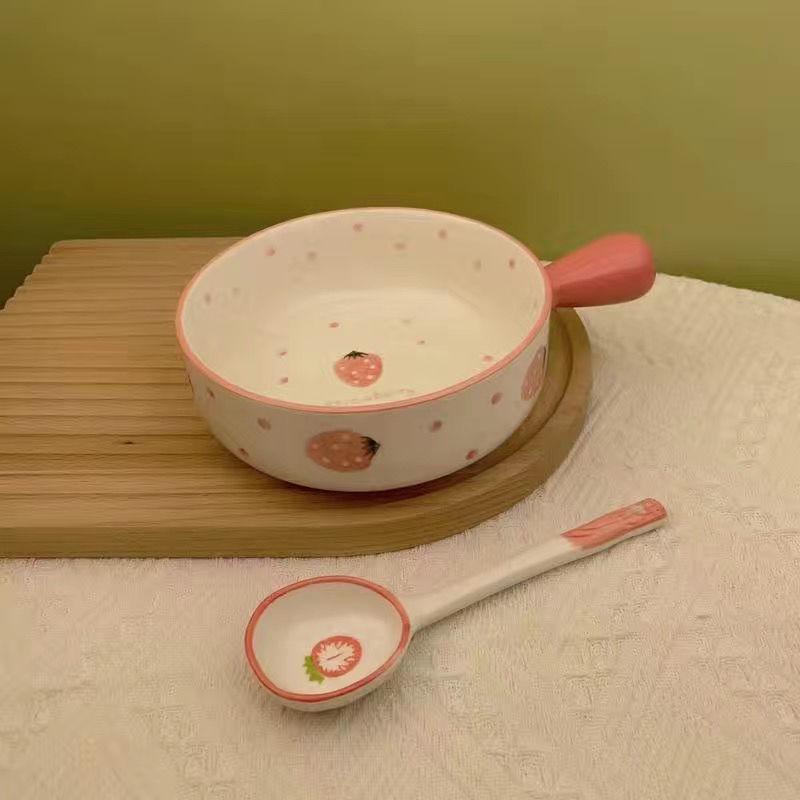 Nordic Style Hand-Painted Ceramic Plates & Bowls with Handles for Microwave, Baking, and Steamed Eggs