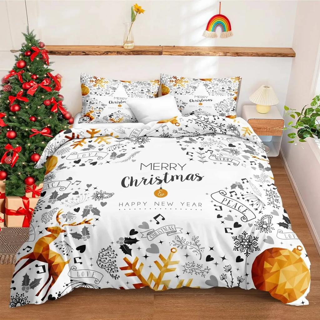 Gold Christmas Duvet Cover Set Gold Elk Xmas Printed Cartoon Christmas Festival Bedding Sets Full Queen Size with Pillowcase