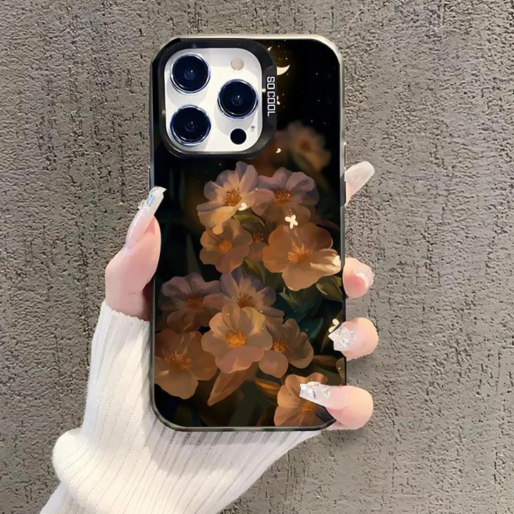 Dark Background Floral Pattern Electroplate IMD Phone Case For iPhone 16 15 14 13 12 11 Pro Max 16E 7 8 Plus X XS XR SE Cover