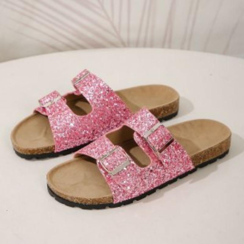Cool slippers women's new large-size sequined one-word buckle women's slippers