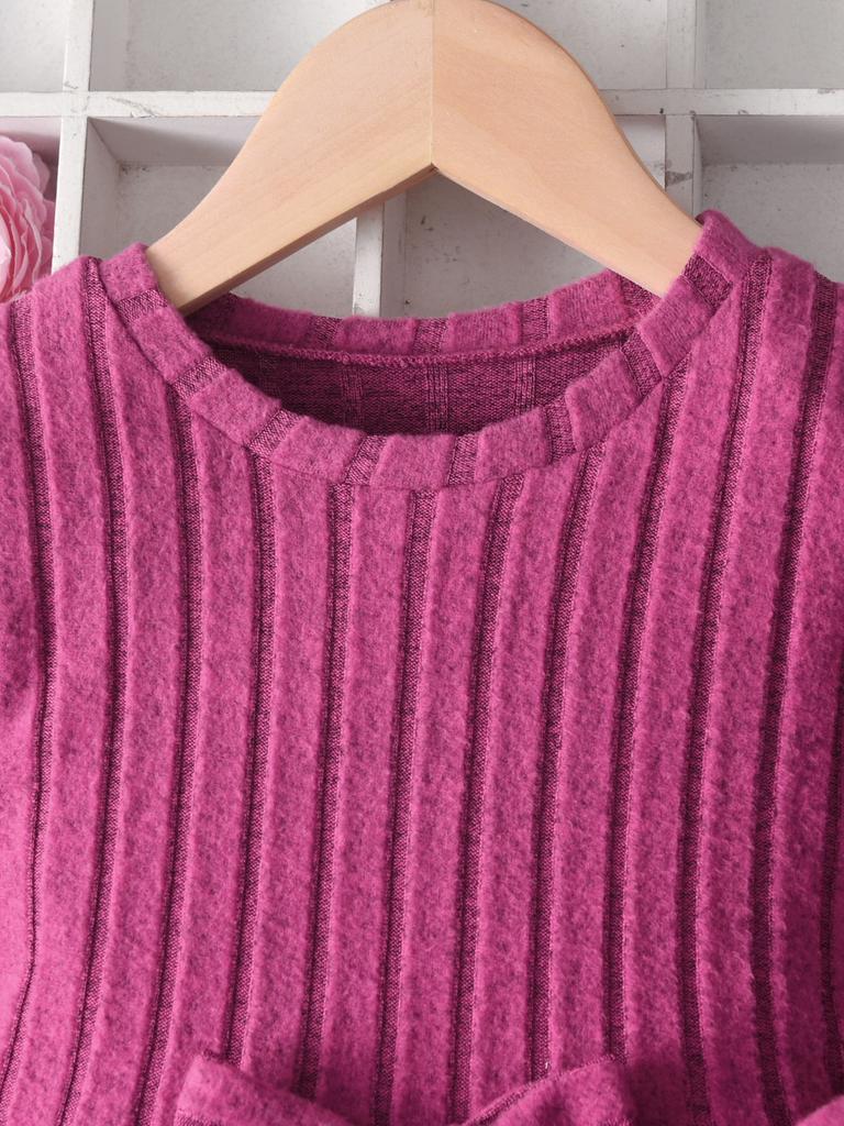 Girls' Casual Ribbed Set Of 2 Pieces, Long-Sleeved Round-Neck Shirt And Long Pants For Spring And Autumn Outdoor Or Home