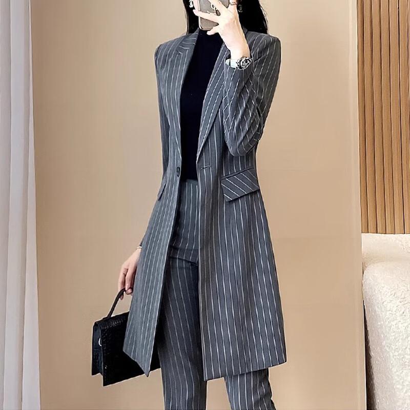 Women's Striped Long Trench Coat & Pant Suit Set