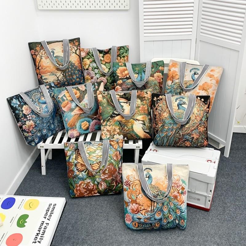 Peacock Canvas Tote Bag With Embroidery And Large Capacity For Daily Use