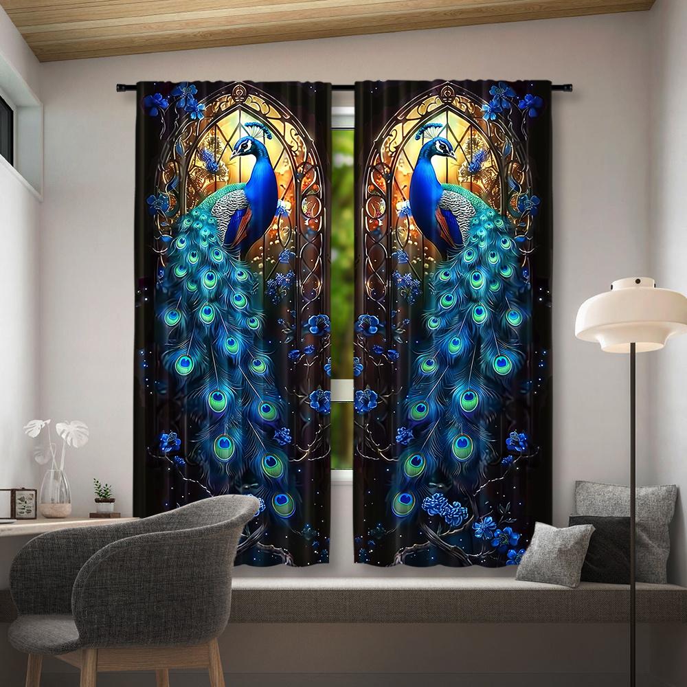 2 Pcs Blue Peacock Decorative Curtains: Digital Printed   Polyester Material   Suitable for Living Room   Bedroom   Study   Dining