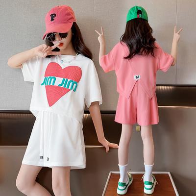 Summer Teenage Girl Clothes Set Letter Sweet Short Sleeve Tshirt and Shorts Suit Children's Girls Top and Bottom 2pcs Tracksuit