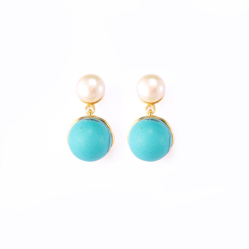 925 Silver Needle Freshwater Pearl & Turquoise Retro Earrings - Unique Autumn/Winter Style