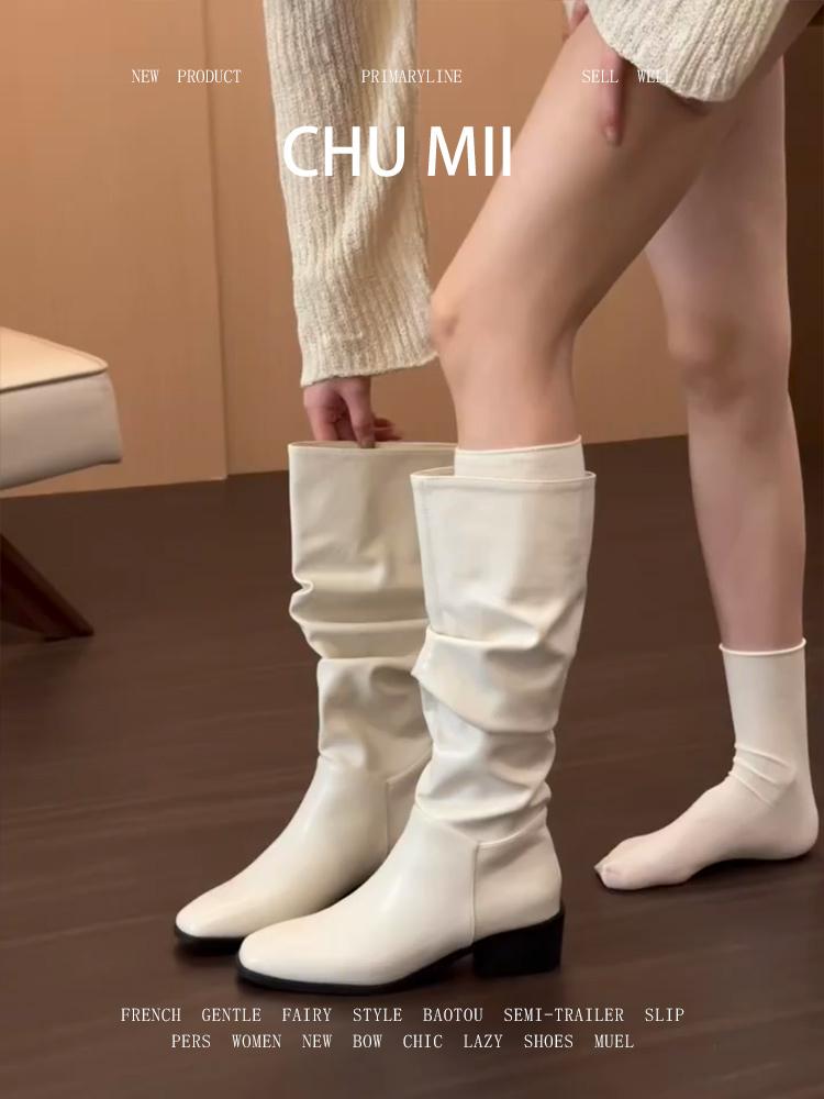 Blue Cabinet Edition~ French White Pleated Pile Boots Women's British Style Thick Heel Boots Temperament But Knee Knight Boots