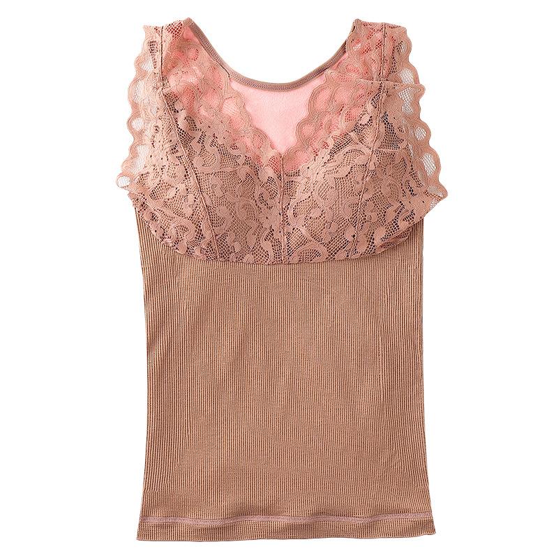 Thermal Underwear Women Top with Bra Fleece Camisole Large Velvet Winter Seamless Sexy Lace V-neck Warm