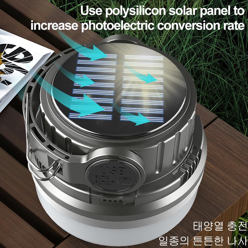 LED Solar Camping Light USB Rechargeable Tent Lamp Portable Waterproof Camping Lantern with Hook Portable Flashlight for Outdoor