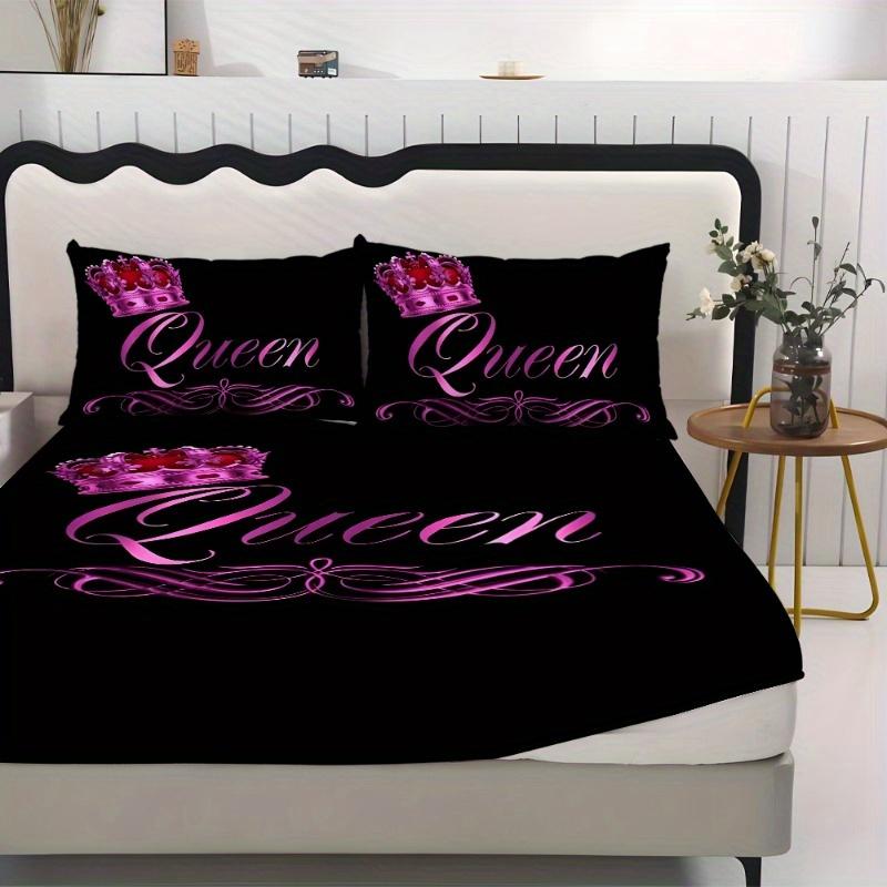 1pc Fitted Sheet Set Black Pink Queen Crown 3D Print 100% Polyester Cover Breathable Bedding Set Home Decor without Pillowcases