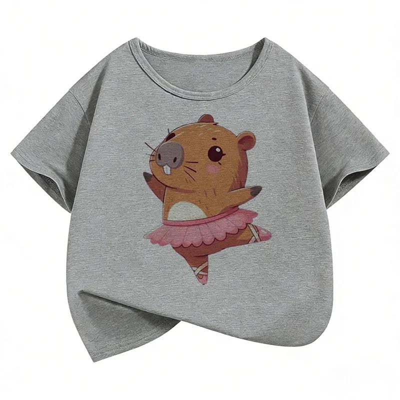 Kawaii Dacing Capybara Design T Shirts Manga Kids Children's T-shirt Short Sleeve Boys Girls Summer Spring Casual Top Tee Shirt