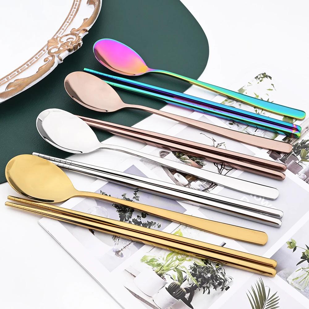 304 Edelstahl Besteckset Sushi Stäbchen Esslöffel Set 8/10 Stück Geschirr Koreanische Essstäbchen Dessertlöffel Besteckset