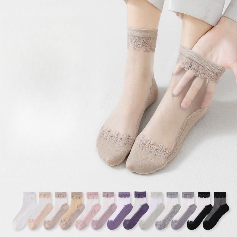 Transparent Crystal Silk Lace Sock Women Soft Comfy Sheer Silk Cotton Mesh Socks Women Ultra-thin Elastic Crystal Socks