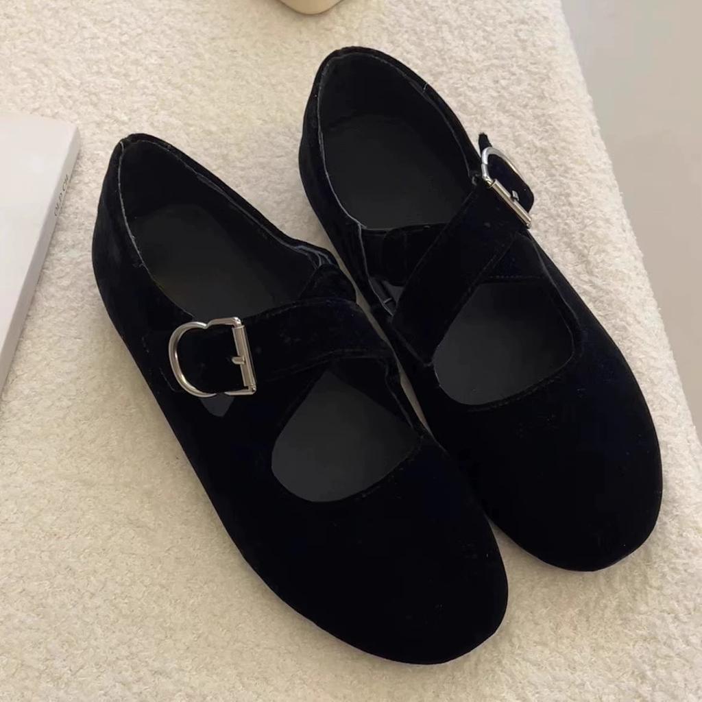 Leder Retro Wildleder Kreuzriemen Mary Jane Einzelne Schuhe Damen Frühling und Herbst Neu Vielseitig Runde Zehenpartie Flache Ballerinas