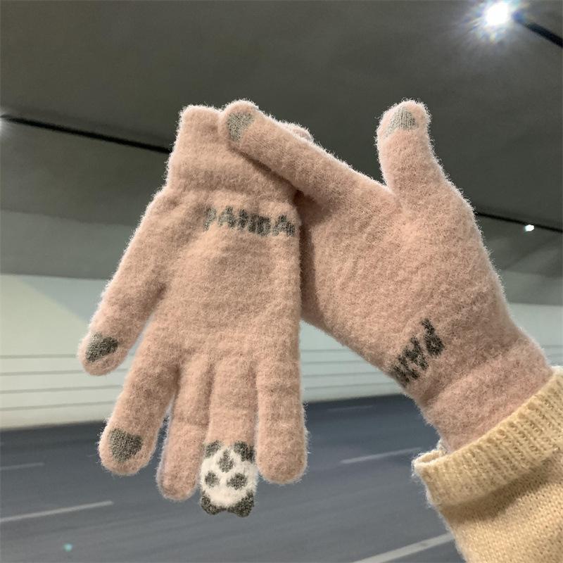 Winter Panda Gloves Korean Version of Cute Plush Warmth and Cold Riding Biker Students Touch Screen Windproof Gloves