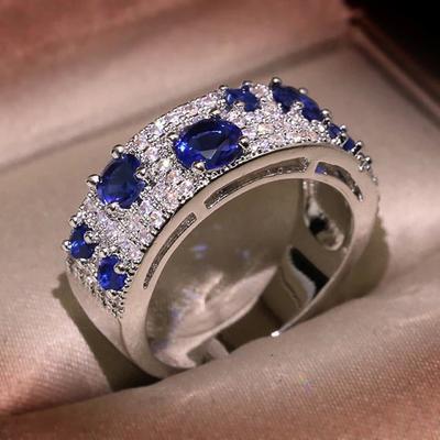 Huitan  Color Blue/White CZ Women Rings Newly Designed Luxury Fashion Bridal Wedding Bands Accessories Sparkling Jewelry