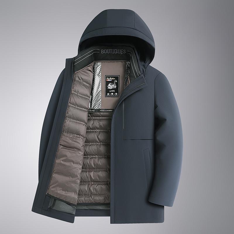 Men's Mid-Length White Goose Down Jacket with Removable Liner - Thickened Warm Coat for Middle-Aged Dads