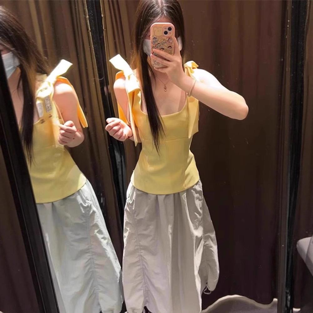 Slim and Thin Solid Color Sleeveless Square Neck Top Summer Sweet Niche Design Bow Sling Vest Women