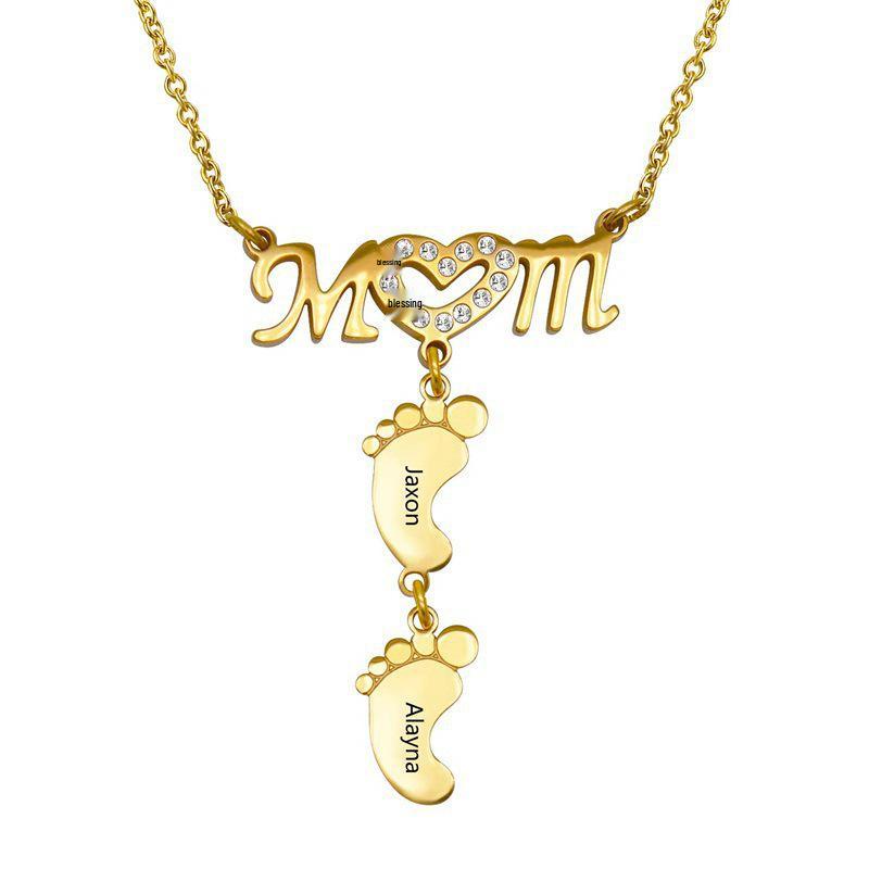 Diamond-Inlaid "MOM" Engraved Necklace with Personalized Paw Print Pendant