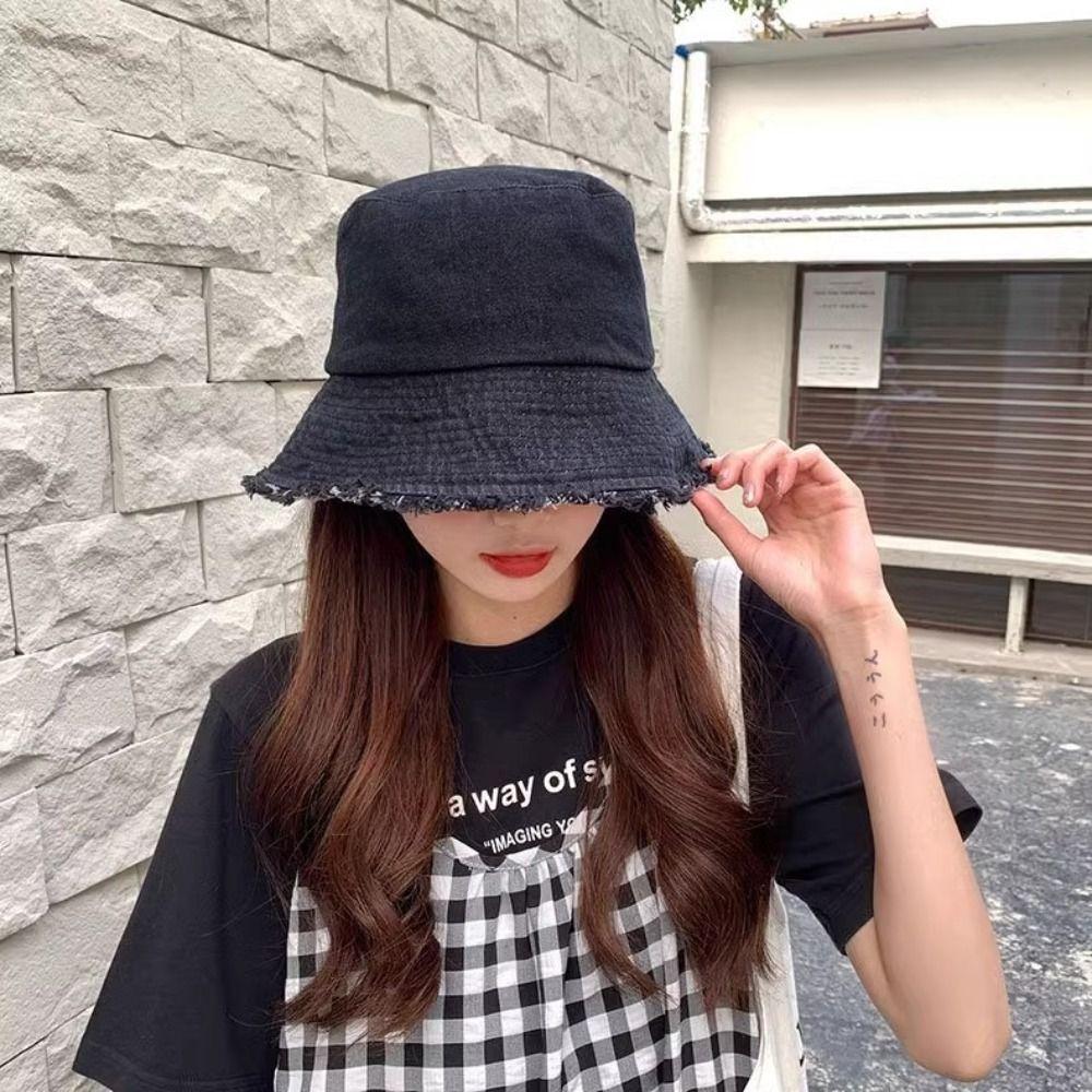 Tassel Washed Denim Bucket Hat Sun Protection Summer Sun Hat Cool Denim Fisherman Hat  Beach