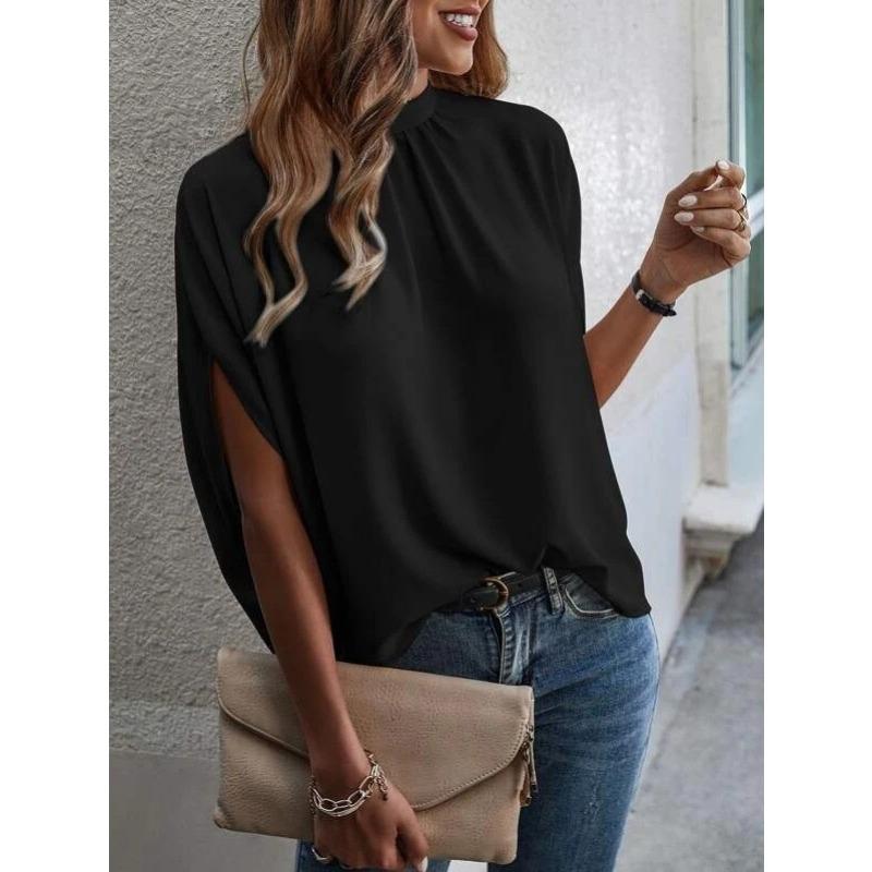 Womens Solid Green Mock Neck Blouse Casual Split Batwing Sleeve Loose Top