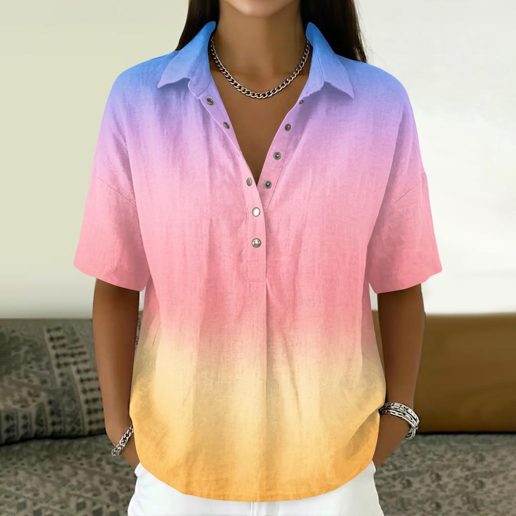 Women Loose Fit Short Sleeve Polo Shirt Vintage Floral Print Button Down Collar Linen Blend Casual Top