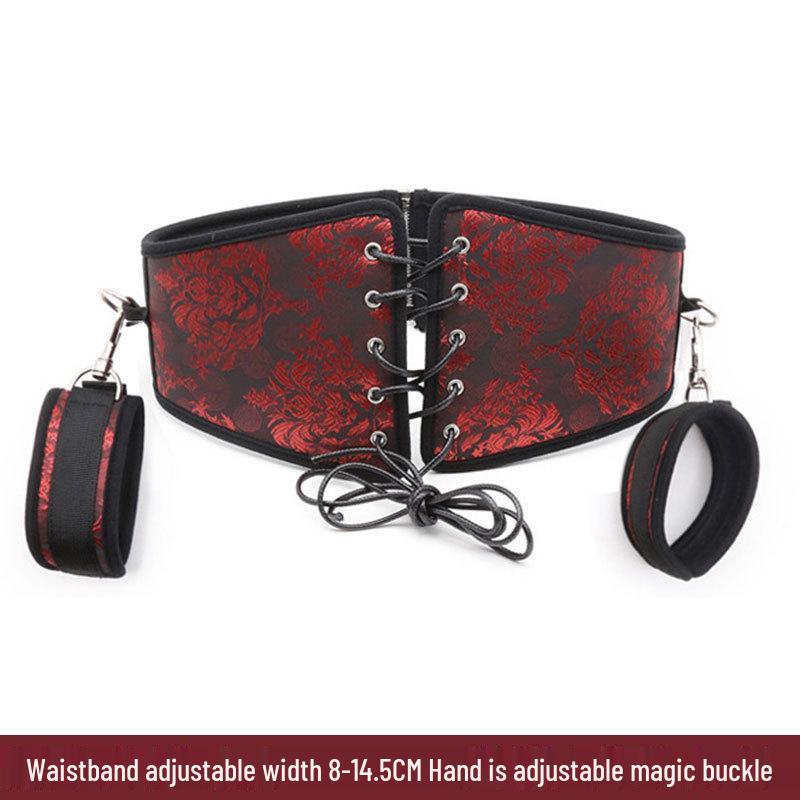 Retro Court Chinese Style Fabric Restraint Set: Foot Cuffs, Gag Ball, Eye Mask, Leash, Collar.
