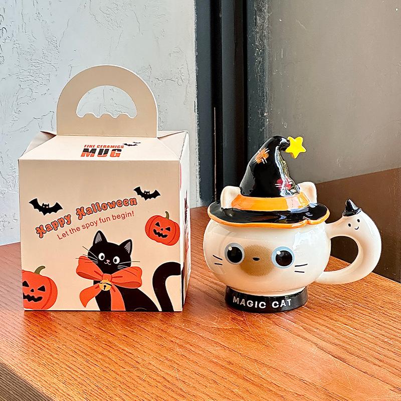 Creative Halloween gift magic hat cat ceramic mug with lid for girls practical mug souvenir gift box