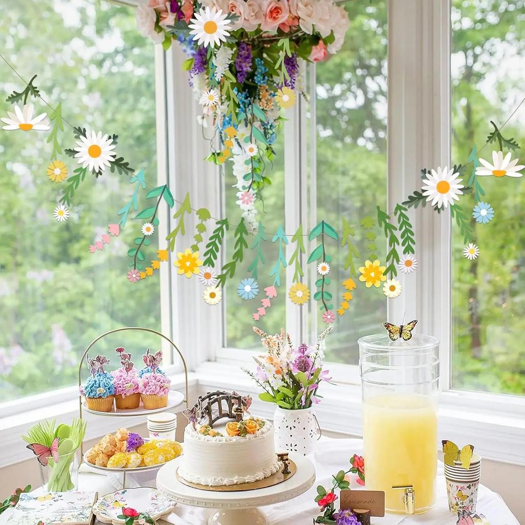 New Ins Style Floral Window Hanging Decor For Kids Room Double Sided Flower Banner Childrens Day Birthday Party Decoration