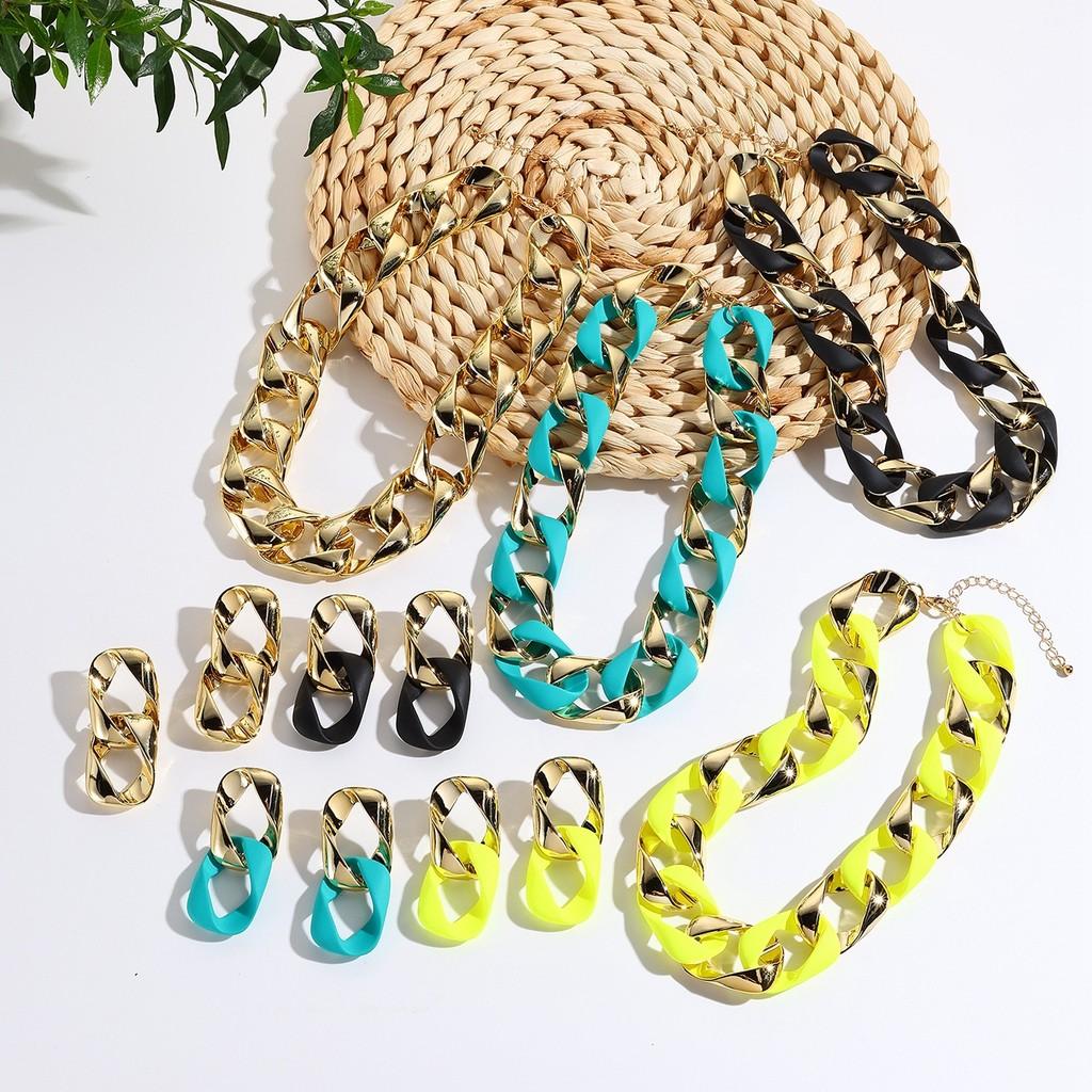 Fluorescent Resin Female Necklace And Earrings Jewelry Set With Electroplated Finish Autumn For