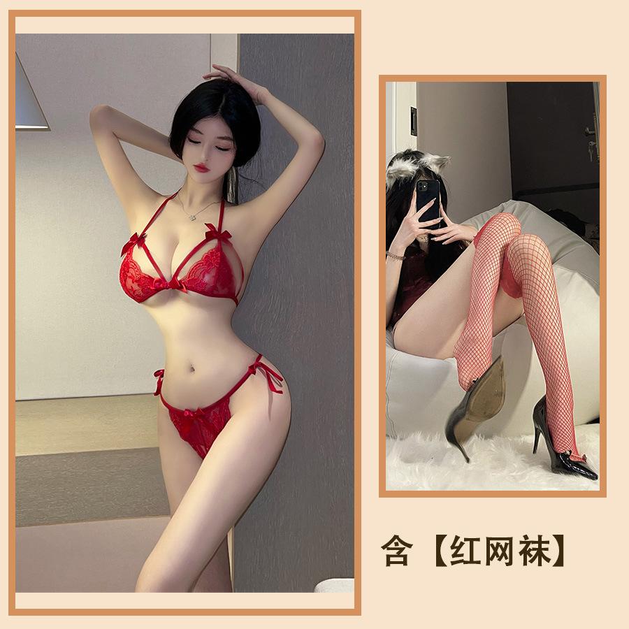 Sexy Underwear Lace Three-point Bra Pajamas Transparent Panties Seduction Pure Lust Sexy Bed Suit