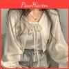White Knitted Summer Cardigan Women Thin Sunscreen Laceup Knitwear Tops Female Korean Style Lantern Sleeve Short Coat