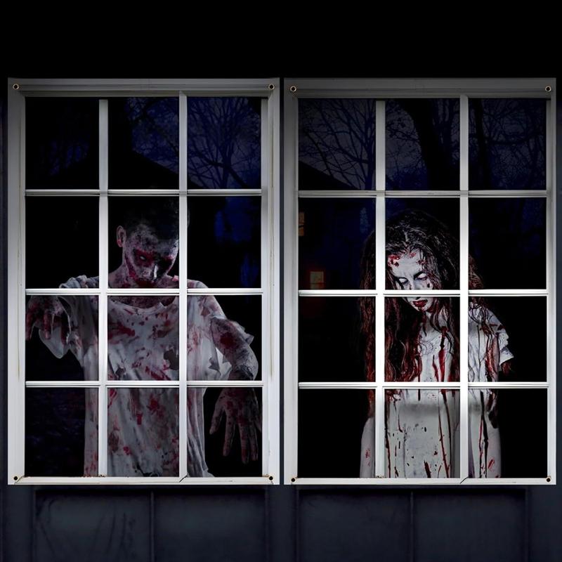 2-Piece Halloween Zombie Ghost Decor Bloody Window Scary Backdrop Outdoor Horror Hanging Cloth Spooky Party Supplies