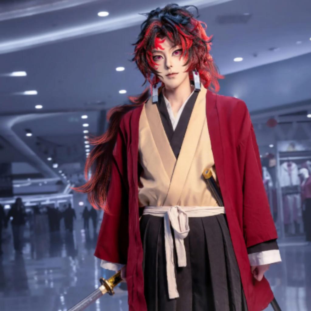 Demon Slayer Yoriichi Tsugikuni Kompletter Kimono Cosplay Kostüm, Sonnenatmung Schwertkämpfer Performance Outfit