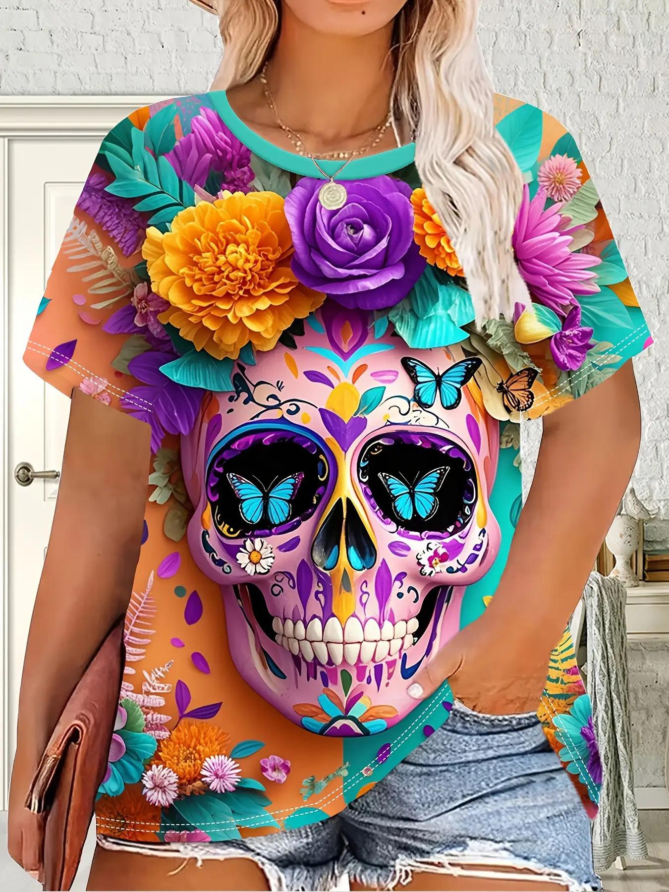 

Plus-Size Gothic Bohemian Style T-Shirt. Featuring Floral And Sugar Skull Prints. with a Round Neck And Short Sleeves. Perfect for Casual Summer Outin 2XL дубильна кора