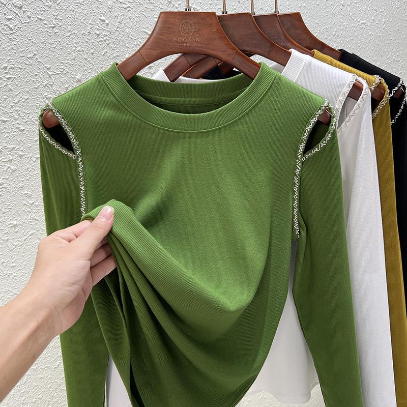 

Весенне-осенняя женская блузка с круглым вырезом, дизайн Чувство моды, темперамент, расшитый бисером, полые топы с длинными рукавами M