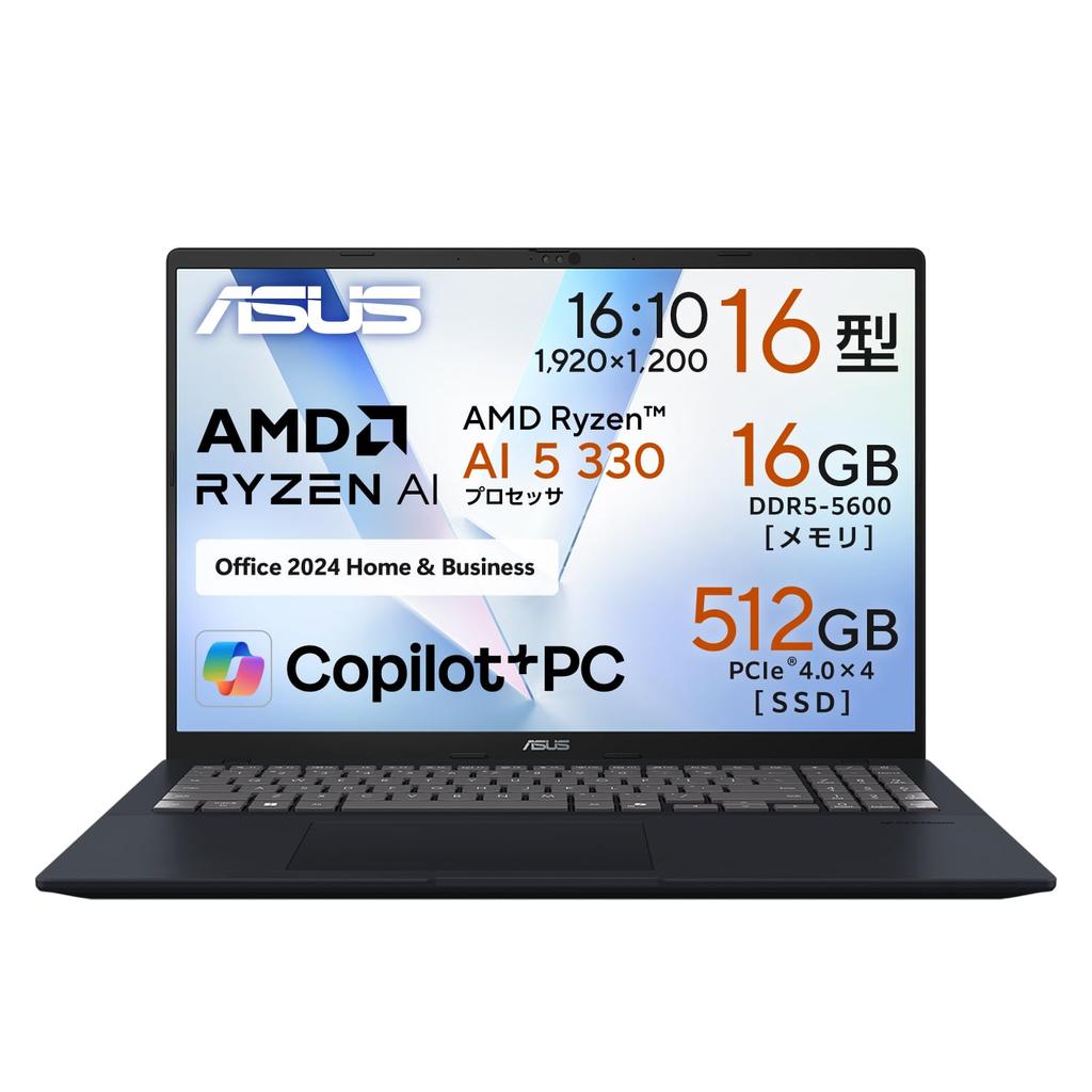 Asus Vivobook 16 M1607KA AMD Ryzen AI 5 330 16GB 512GB MS Office Windows Battery Power AI PC 16-inch Laptop, Processor, Memory, SSD, 2024, 11,