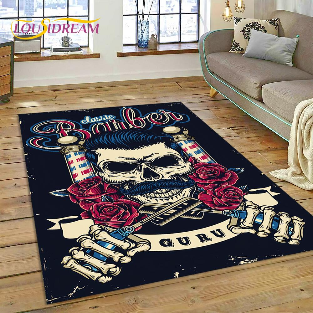 Fashion Barber Shop Logo Skull Vintage Rug Carpet for Living Room Bedroom Decor,Floor Mat Non-slip Decoration for Sofa Doormat