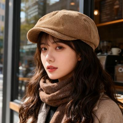 Autumn and Winter New Corduroy Octagonal Hat for Women British Style Beret Retro All Match Face Showing Small Hat for Men Trendy