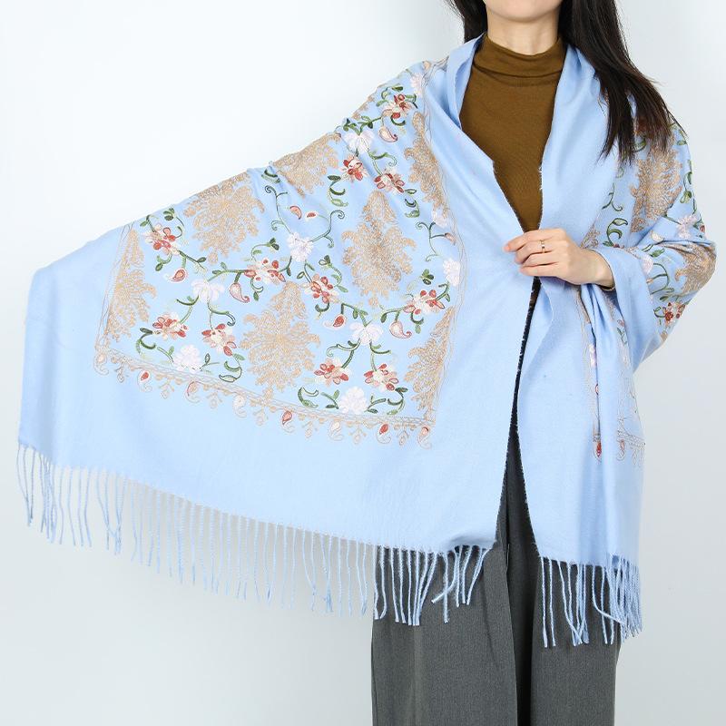 

Новый вышитый женский шарф для путешествий с этническими цветами и бахромой, шаль, ветрозащитный и теплый шарф светло-синий