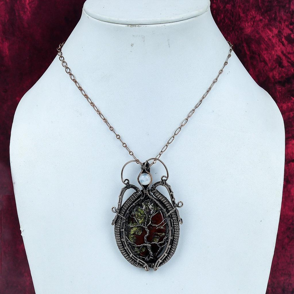 Tree Of Life Dragon Bloodstone Pendant Rainbow Moonstone Pendant Copper Wire Wrapped Jewelry