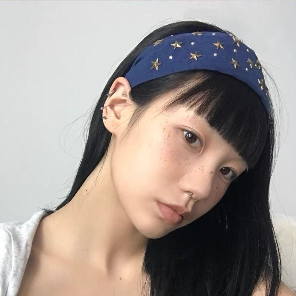 

Spicy Girl Wide Star Rivet Headband Colth Retro Hair Hoop Sweet Wide Edge Hairband Girls синий